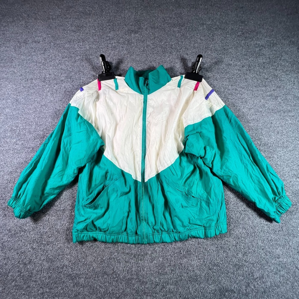 Vintage Surf & Co Windbreaker Jacket Womens L White Teal Nylon Zip Up Ski Hiking